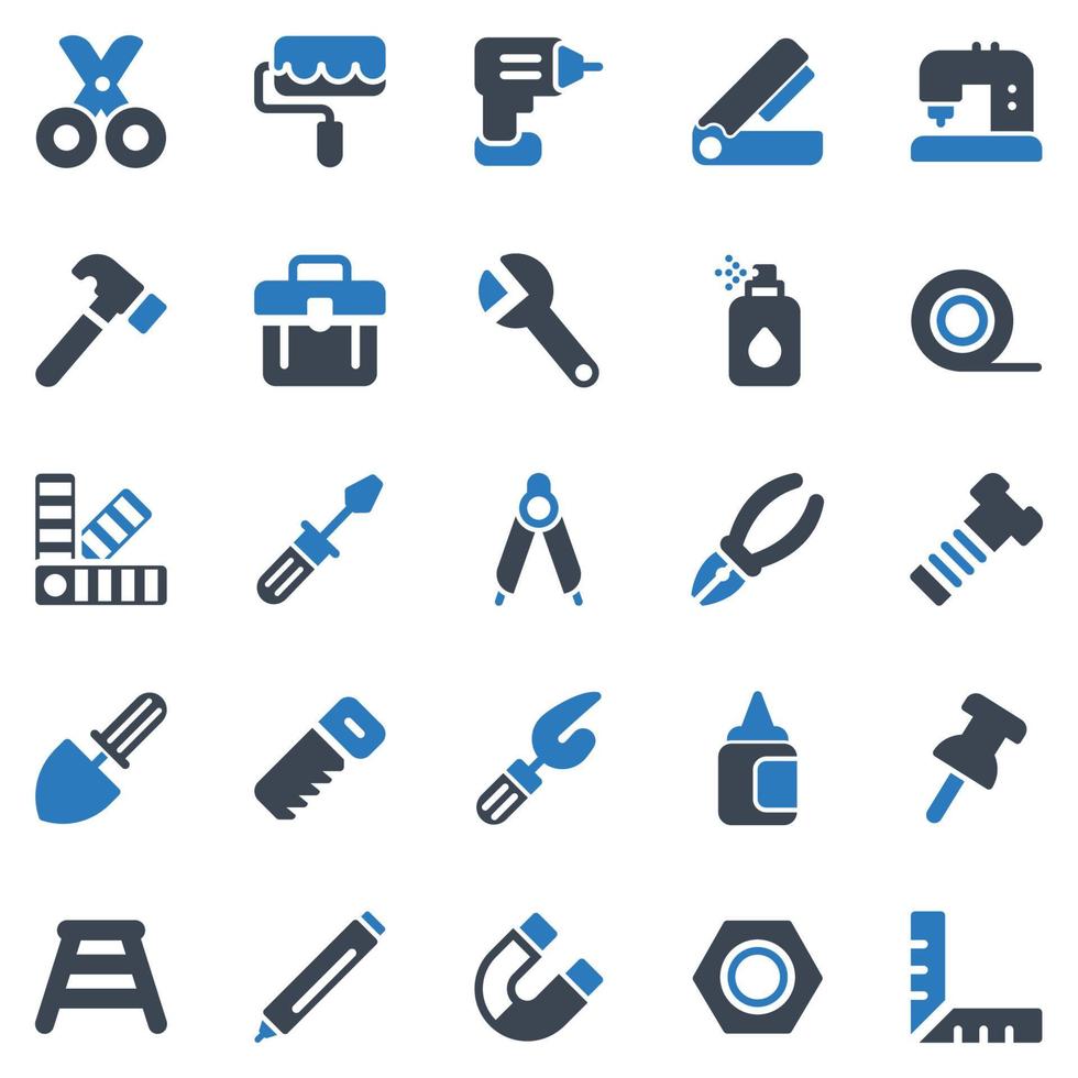 set di icone strumenti essenziali - illustrazione vettoriale. strumento, strumenti, correzione, riparazione, cacciavite, attrezzatura, martello, taglierina, hardware, vite, pinze, taglio, forbici, icone. vettore