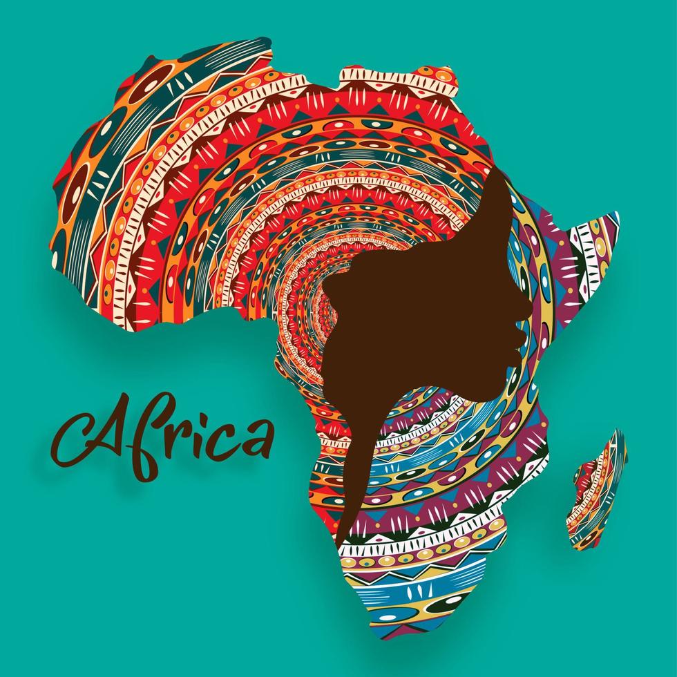 concetto di donna africana, sagoma del profilo del viso con turbante a forma di mappa dell'africa. modello di progettazione logo tribale colorato stampa afro. illustrazione vettoriale isolato su sfondo blu