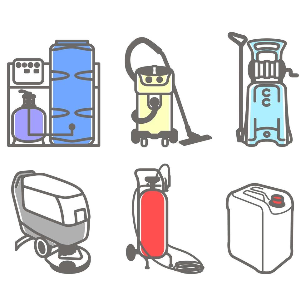 set vettoriale colorato icona del contorno delle attrezzature per la pulizia