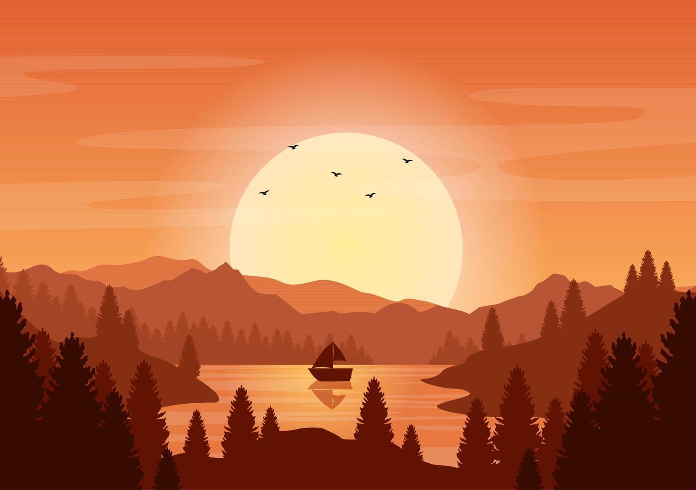 paesaggio al tramonto di montagne, natura selvaggia, sabbia, lago e valle in una natura selvaggia piatta per poster, banner o illustrazione di sfondo vettore