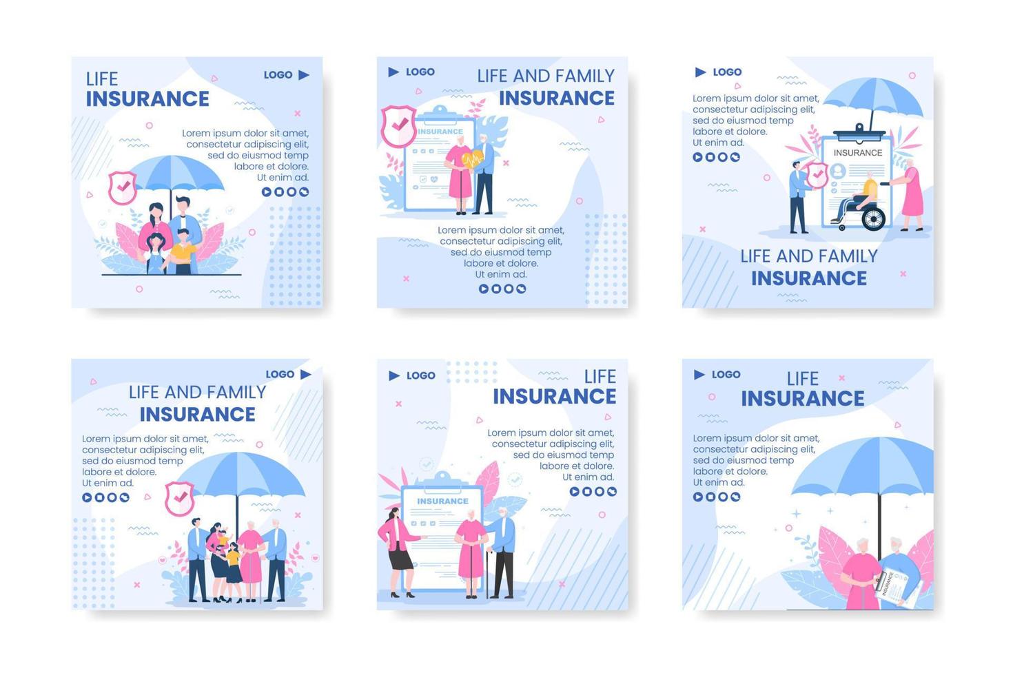 modello di post di assicurazione sulla vita familiare design piatto illustrazione modificabile sfondo quadrato per social media o biglietto di auguri vettore