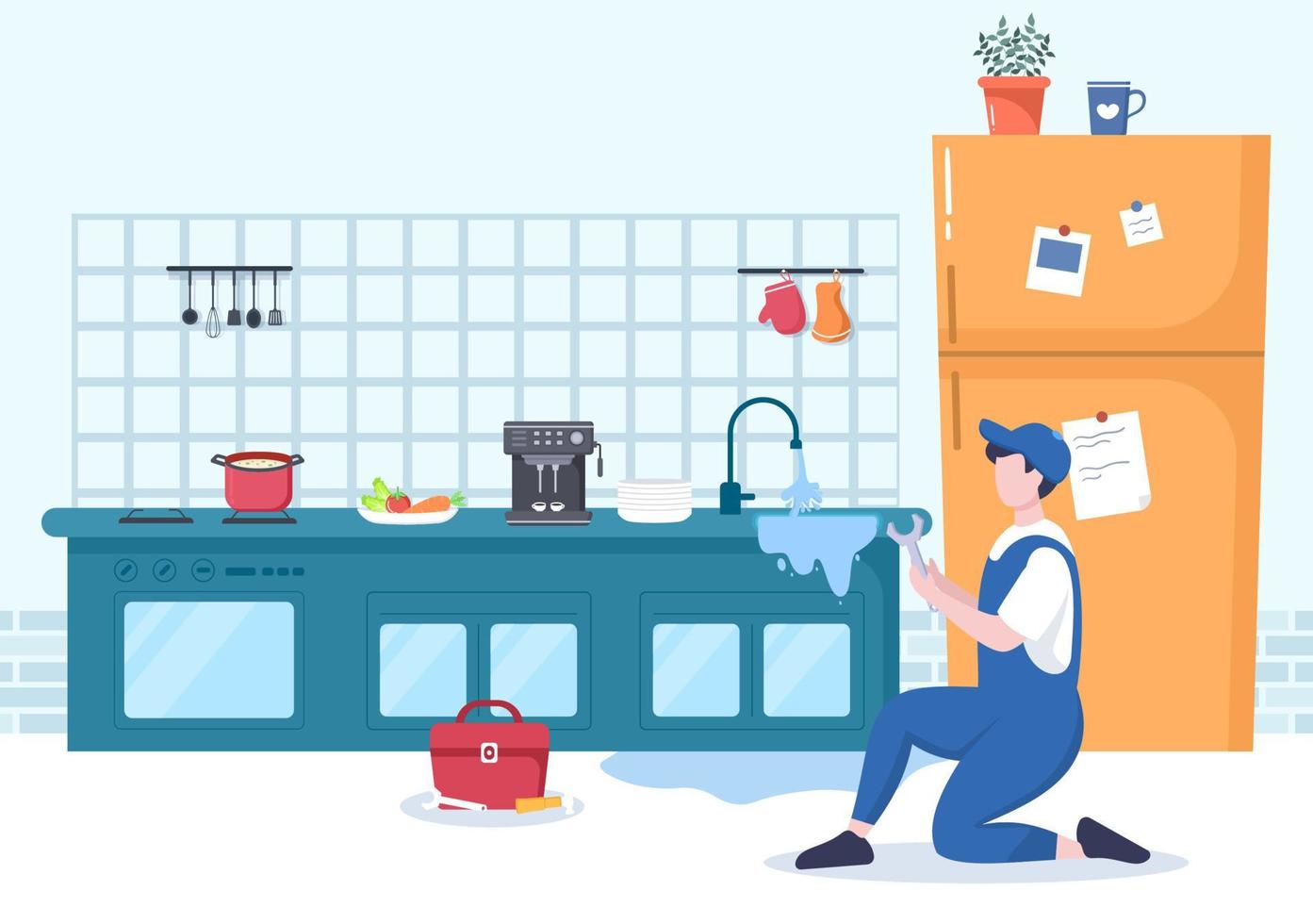 servizio idraulico con la riparazione degli operai dell'idraulico, la riparazione della casa di manutenzione e la pulizia dell'attrezzatura del bagno nell'illustrazione piana del fondo vettore