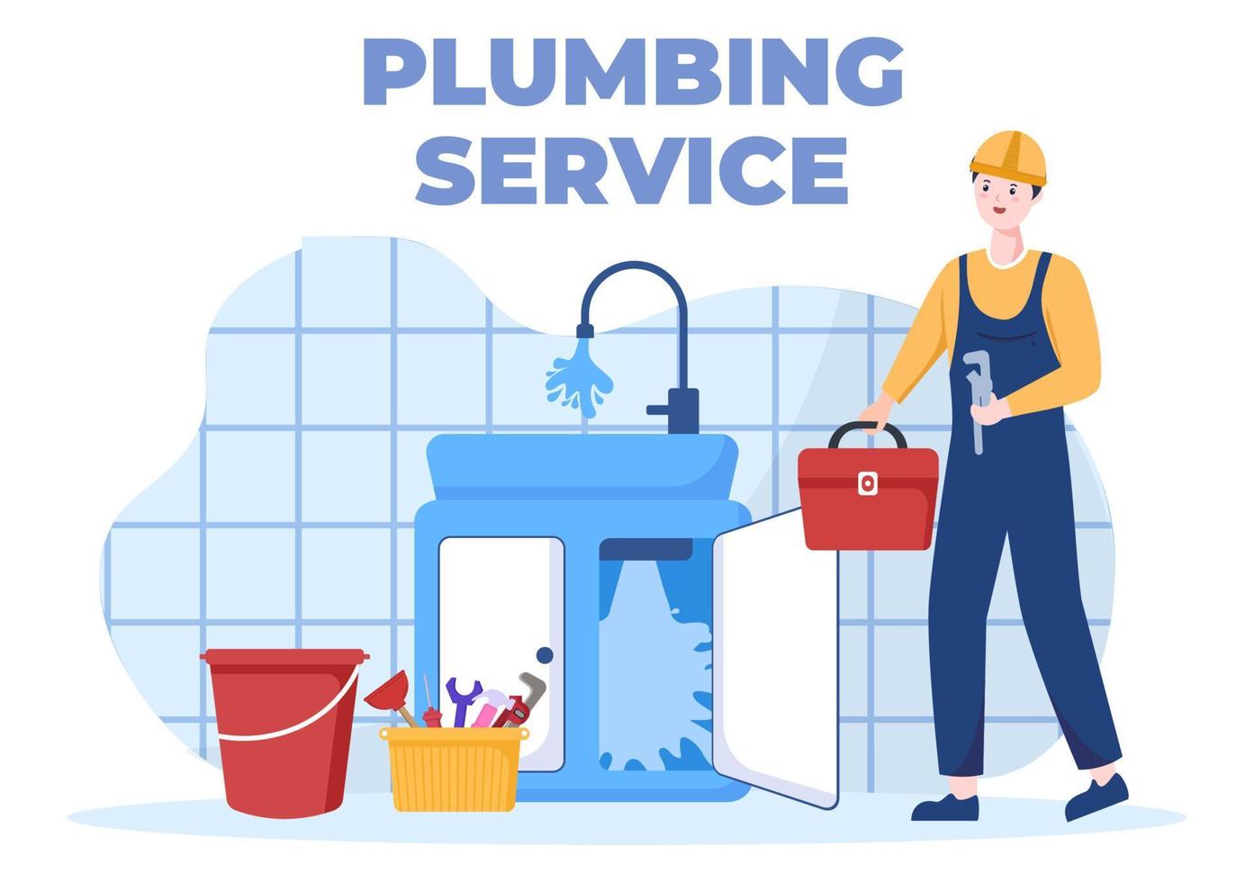 servizio idraulico con la riparazione degli operai dell'idraulico, la riparazione della casa di manutenzione e la pulizia dell'attrezzatura del bagno nell'illustrazione piana del fondo vettore