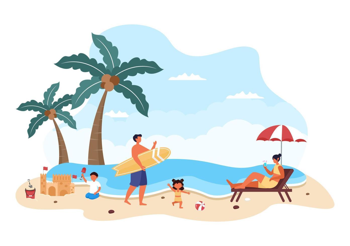 tempo in famiglia di genitori e bambini gioiosi che trascorrono del tempo insieme in spiaggia facendo varie attività rilassanti nell'illustrazione piatta dei cartoni animati per poster o sfondo vettore