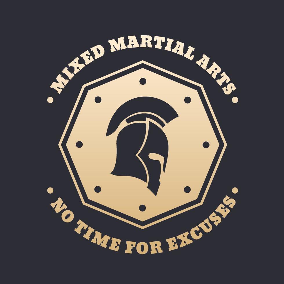 mma, emblema vintage di arti marziali miste, logo, stampa con elmo spartano, oro su scuro vettore