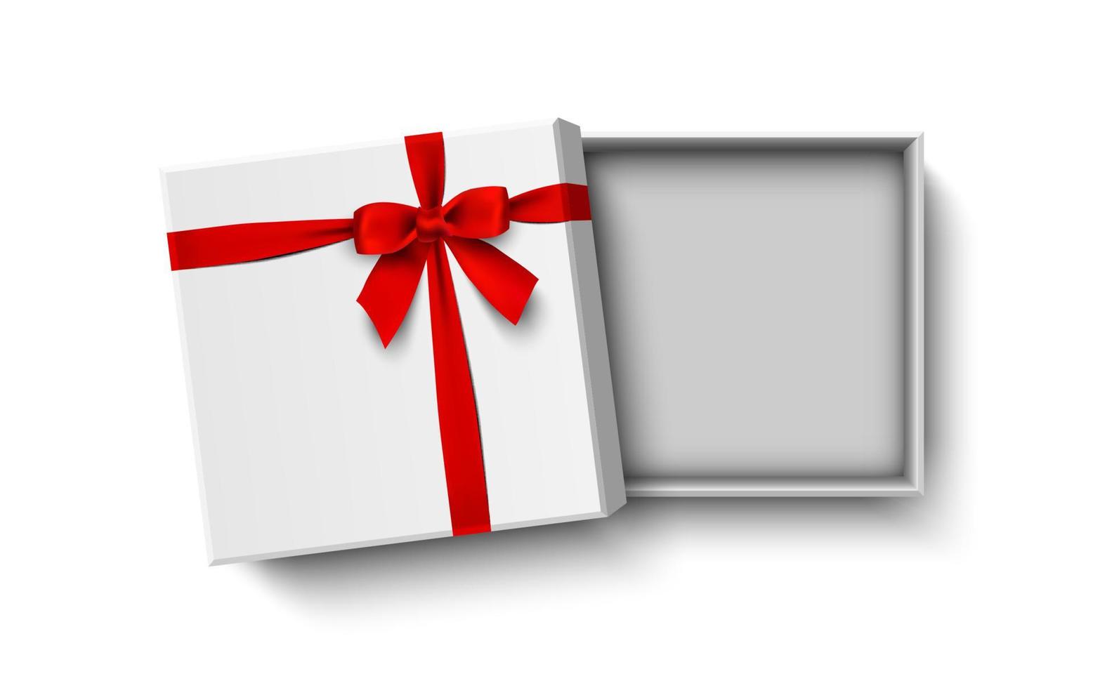 scatola regalo bianca aperta con fiocco rosso isolato su sfondo bianco, illustrazione vettoriale
