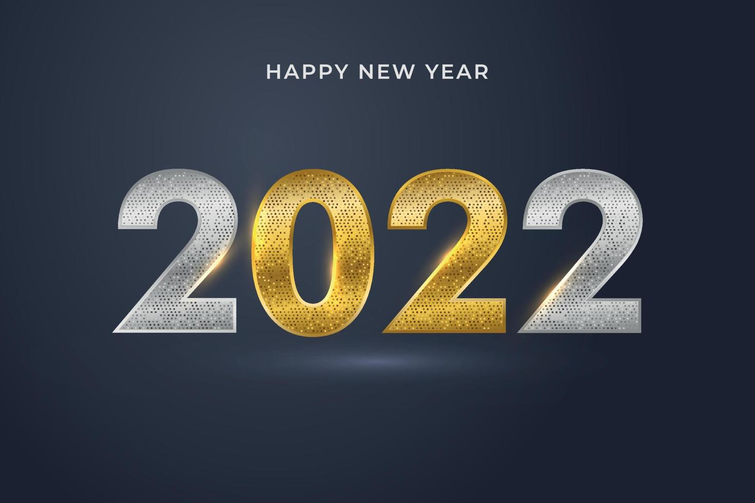 felice anno nuovo 2022. numeri d'oro e particelle d'oro con coriandoli su sfondo blu scuro. disegno di biglietto di auguri per le vacanze. vettore