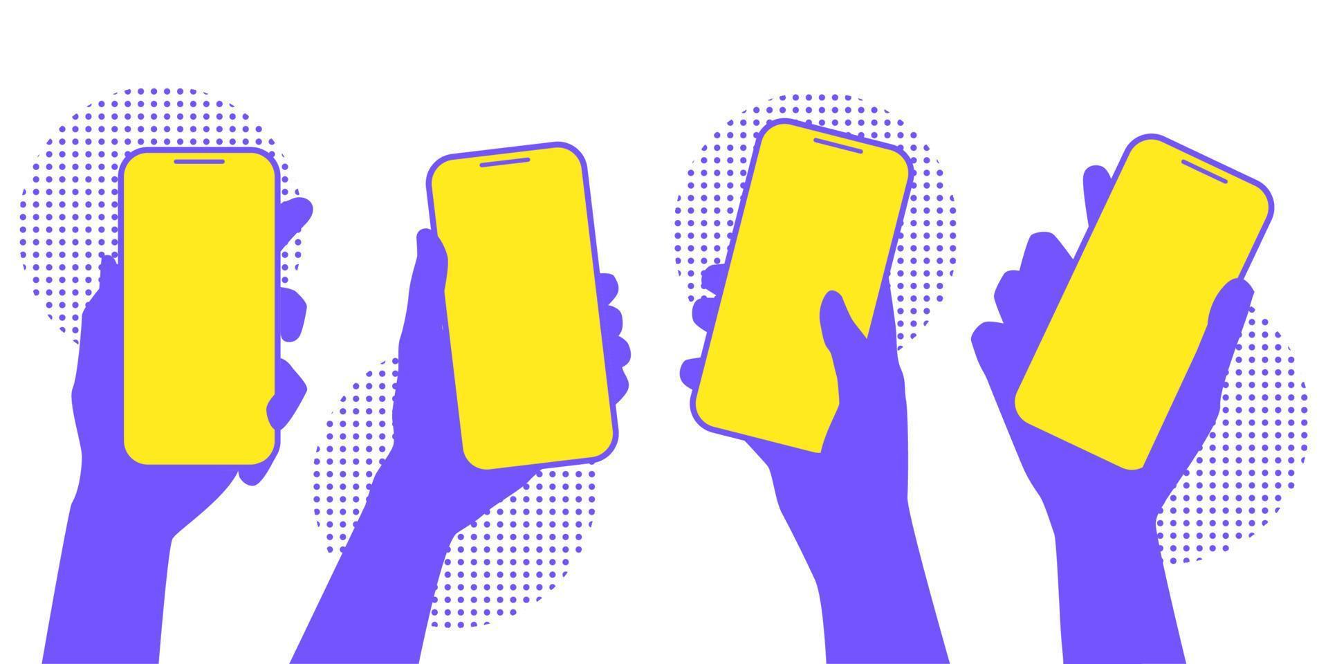 mano che tiene l'illustrazione vettoriale alla moda dello smartphone per il materiale di progettazione della combinazione di colori viola e giallo