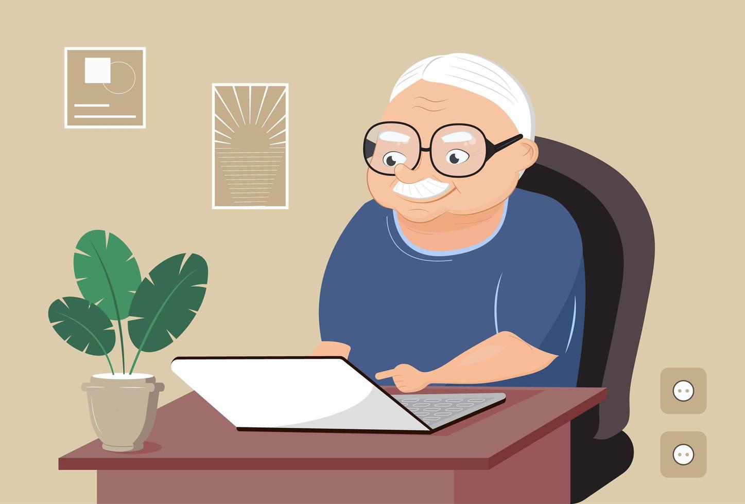 nonno con il vettore del computer portatile. l'uomo anziano simpatico cartone animato sta navigando in internet. home office e videoconferenza