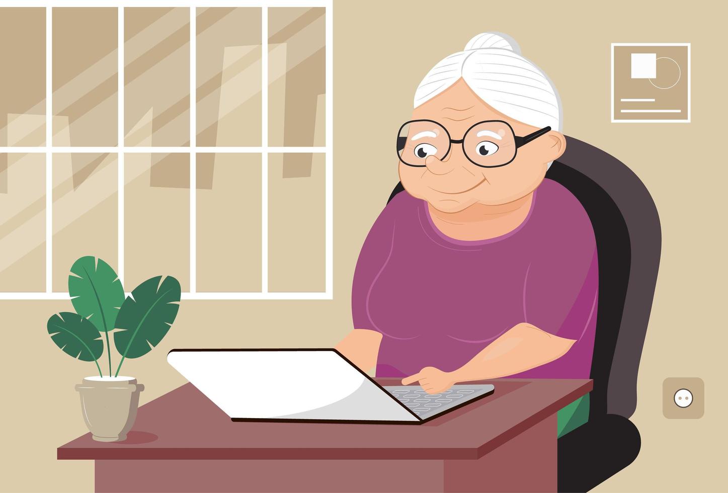 nonna con il vettore del computer portatile. la donna anziana sveglia del fumetto sta navigando in internet. home office e videoconferenza