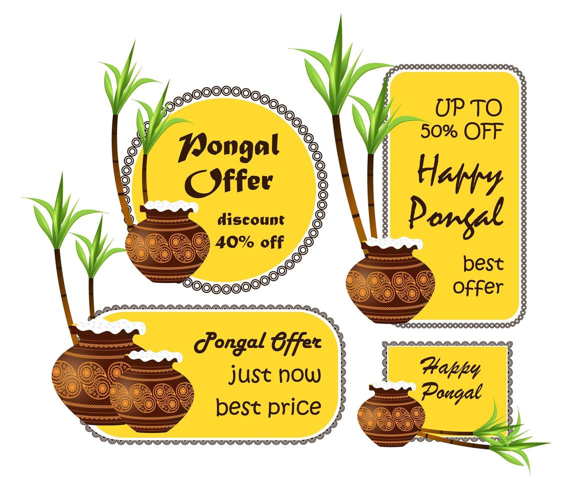 Happy Pongal festival è il raccolto indù tradizionalmente dedicato al dio del sole Surya e celebrato in Tamil Nadu. offerta pongal e adesivi sconto con vaso. set di cartellini di vendita vettore