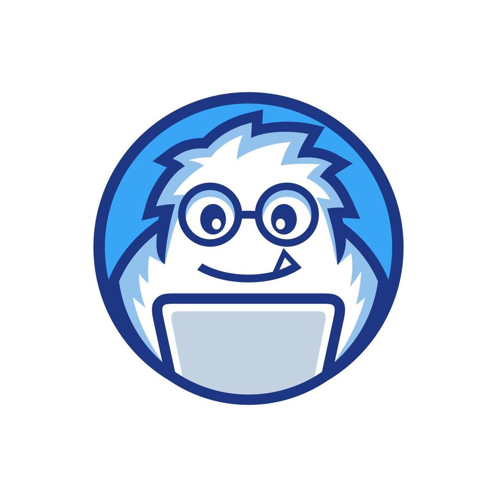 Il programmatore Yeti mascotte nerd lavora sul design del logo del laptop vettore