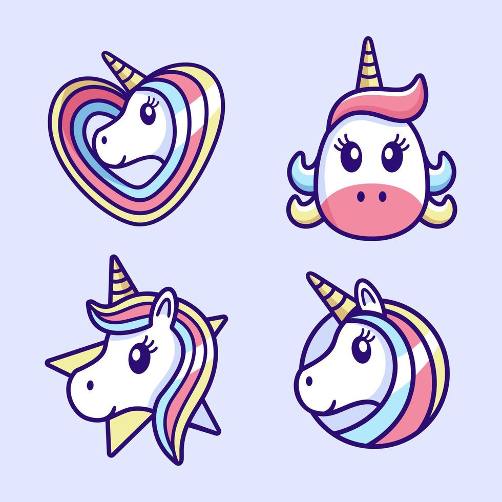 simpatico bellissimo set di design del logo dei cartoni animati di unicorno vettore