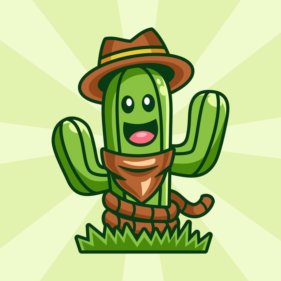 sorridente, cactus, cowboy, cartone animato, mascotte, personaggio vettore