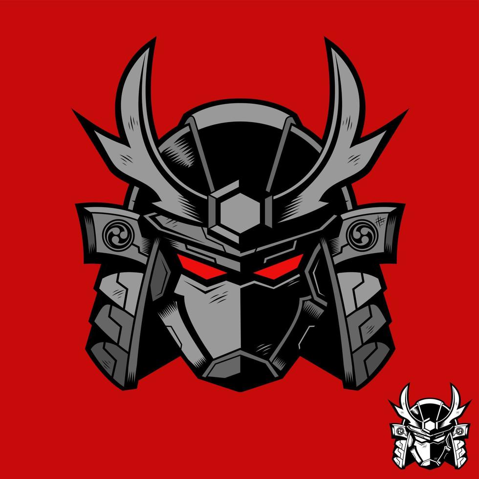 design del logo del casco del robot samurai giapponese vettore