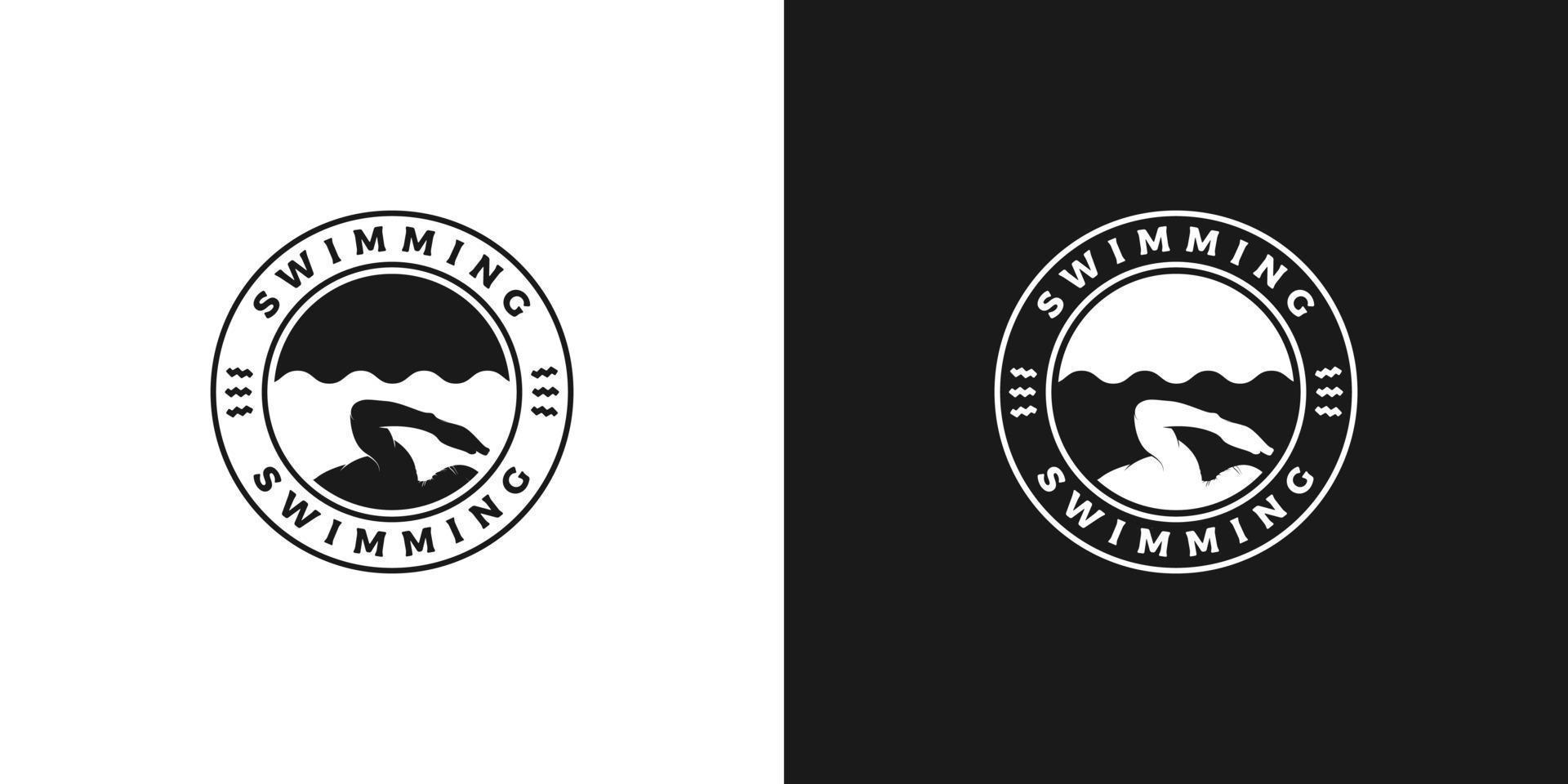 modello di progettazione del logo dell'etichetta dell'emblema dell'autoadesivo del timbro dello sport del nuoto vettore