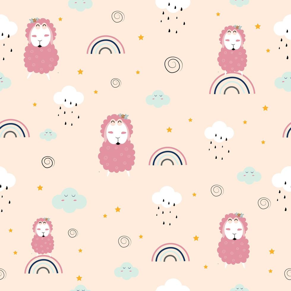 modello senza cuciture con sfondo di agnello simpatico cartone animato con colori pastello utilizzato per progettare abbigliamento per bambini, tessuti, illustrazione vettoriale di carta da imballaggio