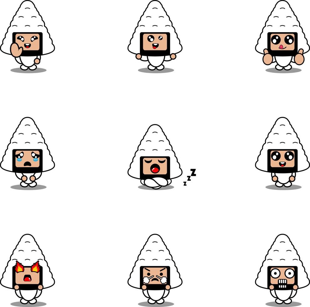 personaggio dei cartoni animati illustrazione vettoriale costume mascotte set onigiri cibo espressione bundle