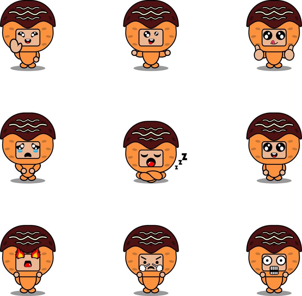 personaggio dei cartoni animati illustrazione vettoriale mascotte costume set takoyaki cibo espressione bundle