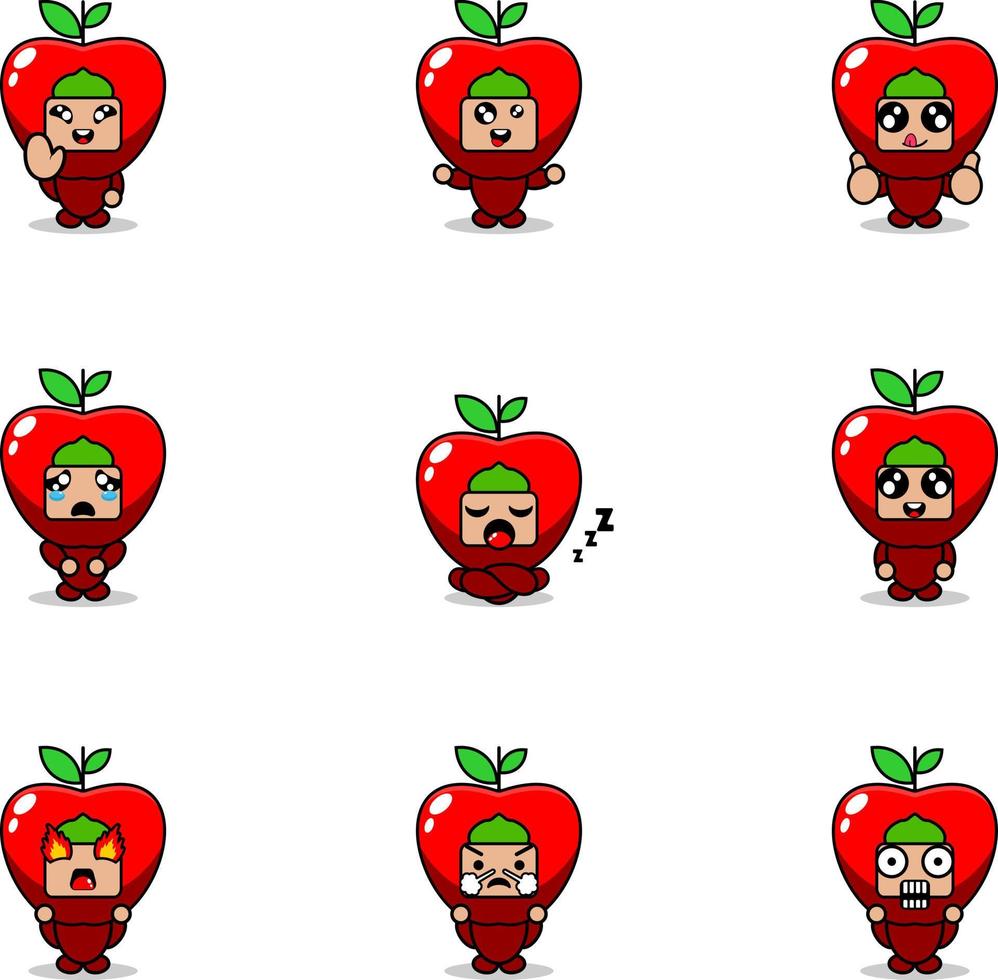 illustrazione vettoriale del set di costumi della mascotte del personaggio dei cartoni animati del pacchetto di espressioni di frutta di mele