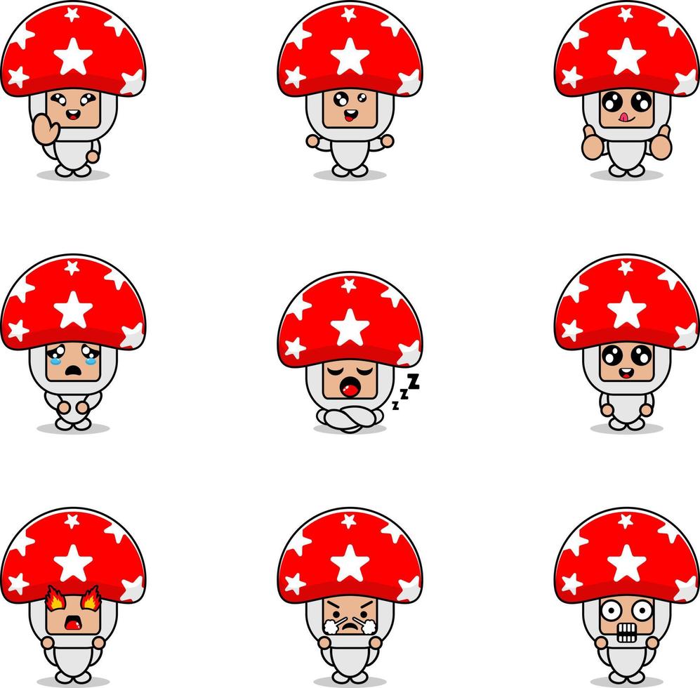 l'illustrazione vettoriale del costume della mascotte del personaggio dei cartoni animati ha impostato il pacchetto di espressione di verdure di funghi