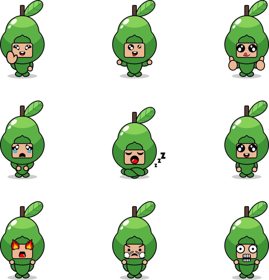 illustrazione vettoriale del set di costumi della mascotte del personaggio dei cartoni animati del pacchetto di espressioni di frutta di avocado