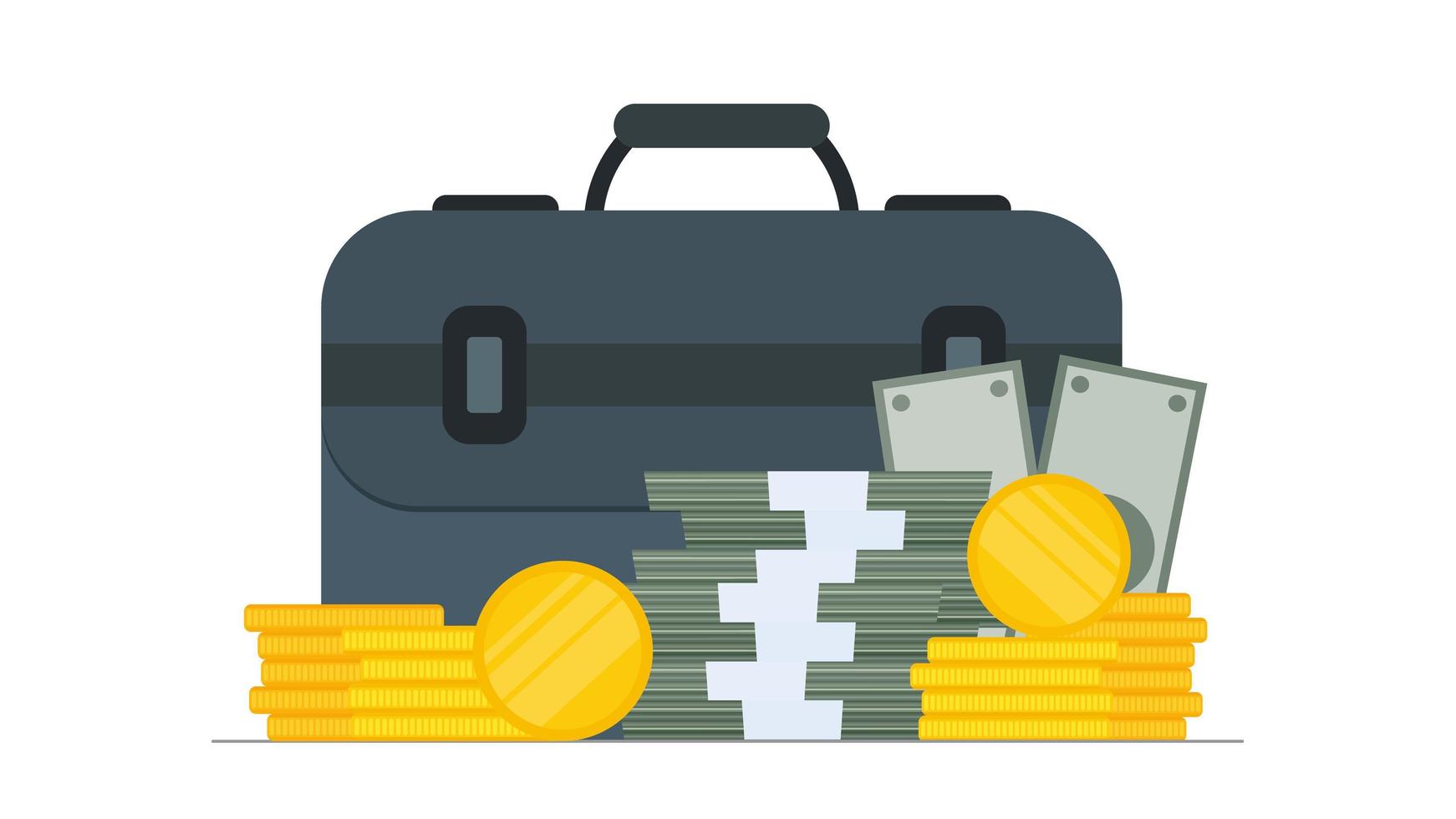 valigia grande. dollari, mazzi di denaro, monete d'oro. il concetto di un business di successo, guadagni e ricchezza. vettore. vettore