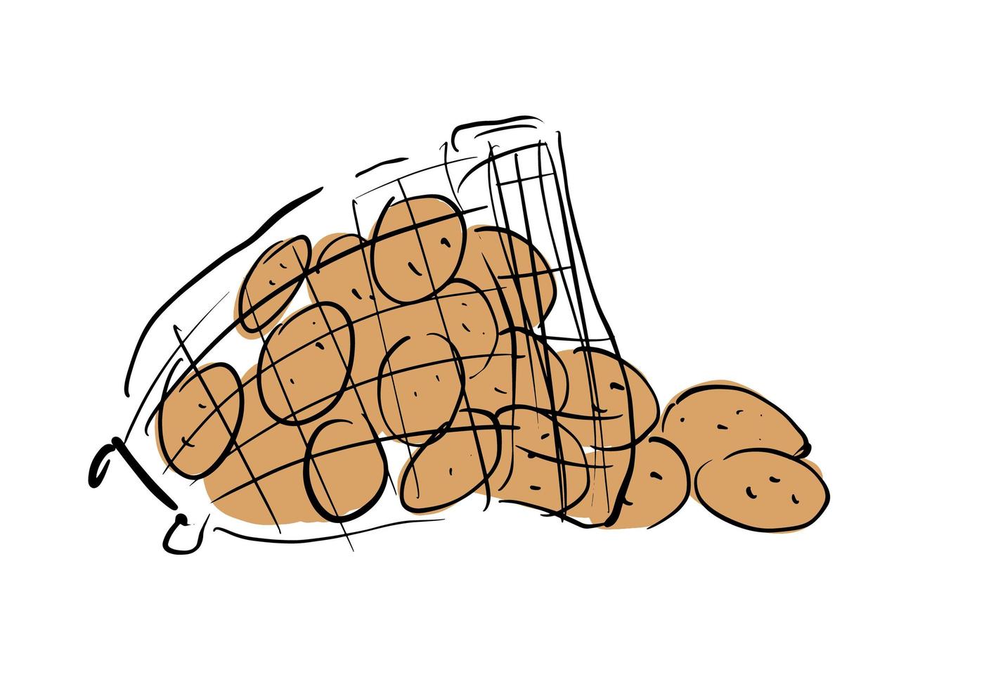 raccolto fresco di patate in un sacchetto a rete. illustrazione vettoriale d'archivio su uno sfondo bianco isolato. per un logo, per le icone nei social network.