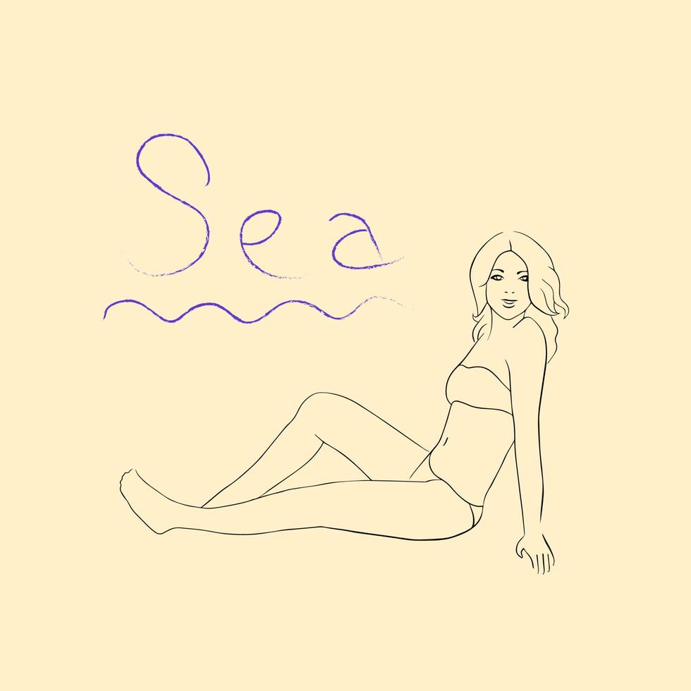 disegno a linea continua. bella donna sdraiata sulla spiaggia. illustrazione vettoriale. vettore