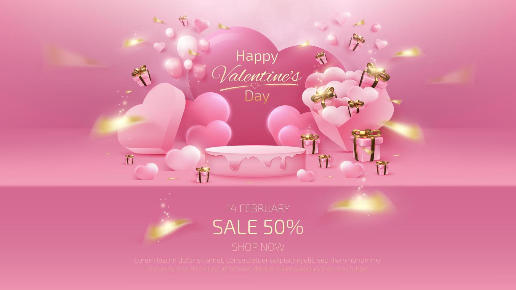 sfondo di san valentino e modello di banner di vendita con scaffale rosa 3d realistico ed elementi di confezione regalo, nastro, palloncino a forma di cuore con effetti di luce glitterata e bokeh. vettore