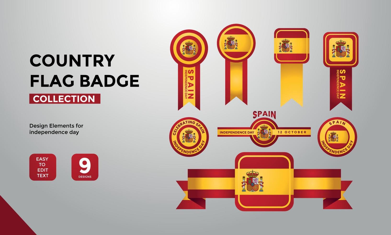 collezione di badge bandiera spagnola, auguri di buon giorno dell'indipendenza vettore