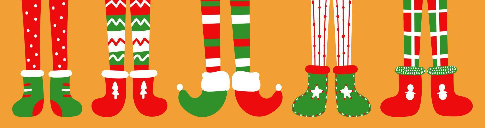 i piedi dei bambini in simpatici calzini e stivali di feltro. bambini in costumi di elfi di natale. festa a tema. colori tradizionali delle feste. illustrazione vettoriale modificabile, disegnata a mano