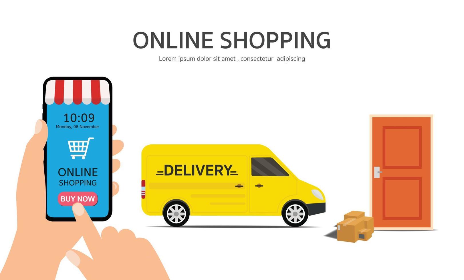 shopping online sul sito Web o sull'applicazione mobile concetto di marketing vettoriale e marketing digitale. mano che tiene lo smartphone e fare clic sull'applicazione mobile. servizio di consegna furgone.