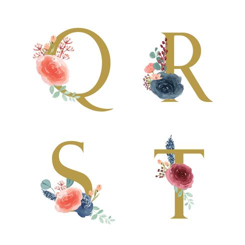 Set di ornamenti floreali oro alfabeto, mazzi di fiori di peonia rosa e rosso-blu, design per invito a nozze, celebrare il matrimonio, illustrazione d&#39;epoca decorazione della carta grazie vettore