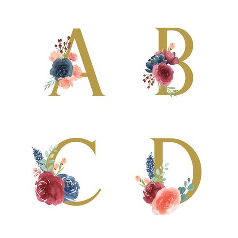 Set di ornamenti floreali oro alfabeto, mazzi di fiori di peonia rosa e rosso-blu, design per invito a nozze, celebrare il matrimonio, illustrazione d&#39;epoca decorazione della carta grazie vettore