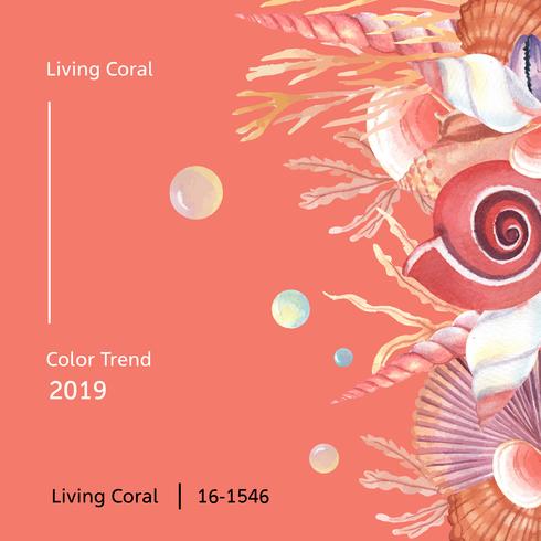 Colore Corallo 2019 alla moda, estate di vita marina della conchiglia viaggi la spiaggia, aquarelle illustrazione vettoriale isolato