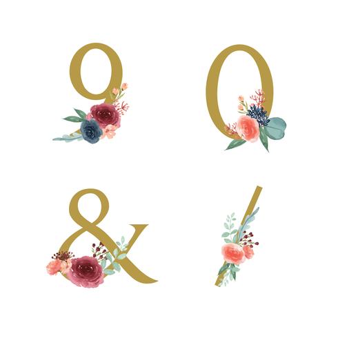 Set di ornamenti floreali oro alfabeto, mazzi di fiori di peonia rosa e rosso-blu, design per invito a nozze, celebrare il matrimonio, illustrazione d&#39;epoca decorazione della carta grazie vettore