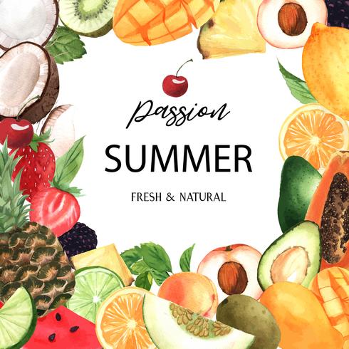 Banner di cornice di frutta tropicale con testo, frutto della passione con kiwi, ananas, modello fruttato, fresco e gustoso, illustrazione vettoriale isolato aquarelle