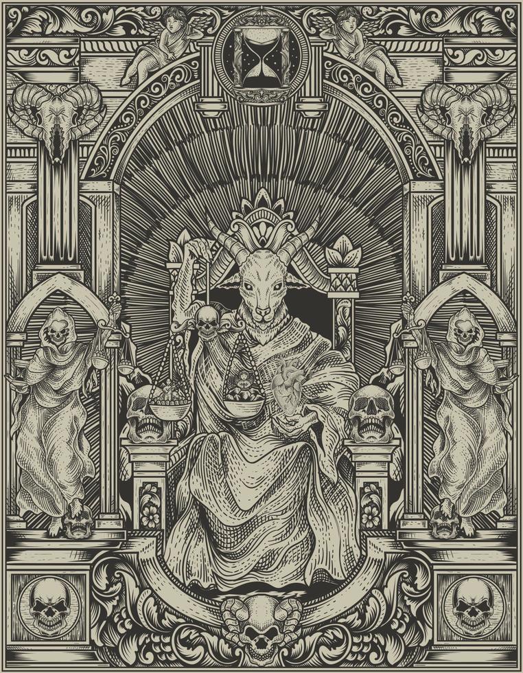 illustrazione re satana su stile ornamento incisione gotica vettore