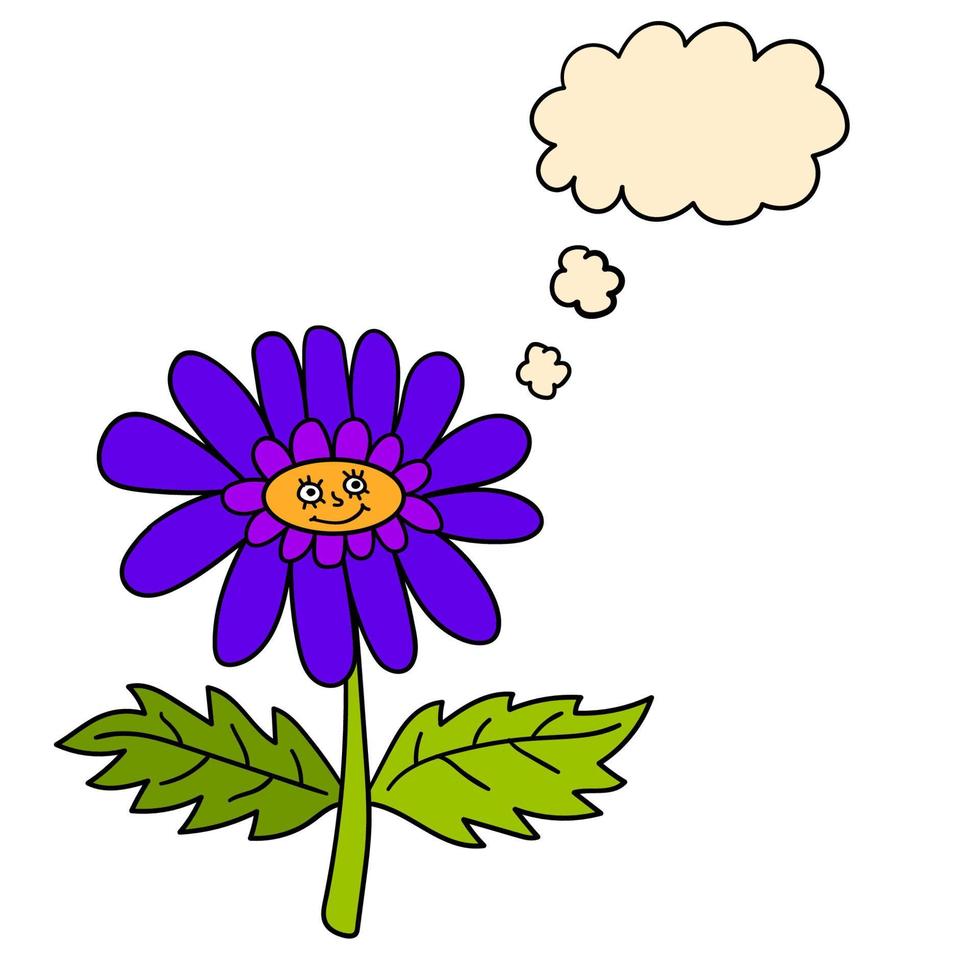 personaggio dei fiori dei cartoni animati felice fantasia colorata con fumetto pensiero isolato su sfondo bianco. vettore