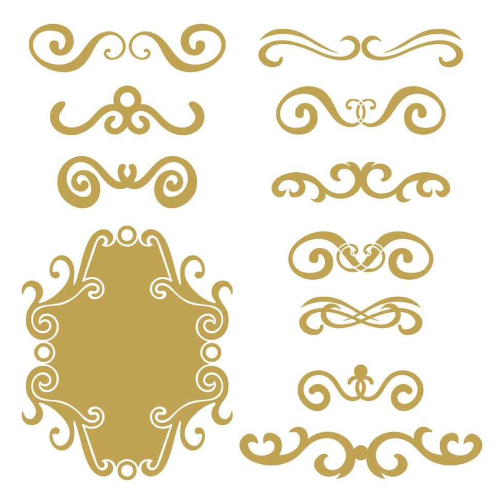 set di intestazioni ricci astratte oro, insieme di elementi di design isolato su sfondo bianco. turbinii dorati disegnati a mano. cornice rotonda floreale, corona, divisori, forme calligrafiche. vettore
