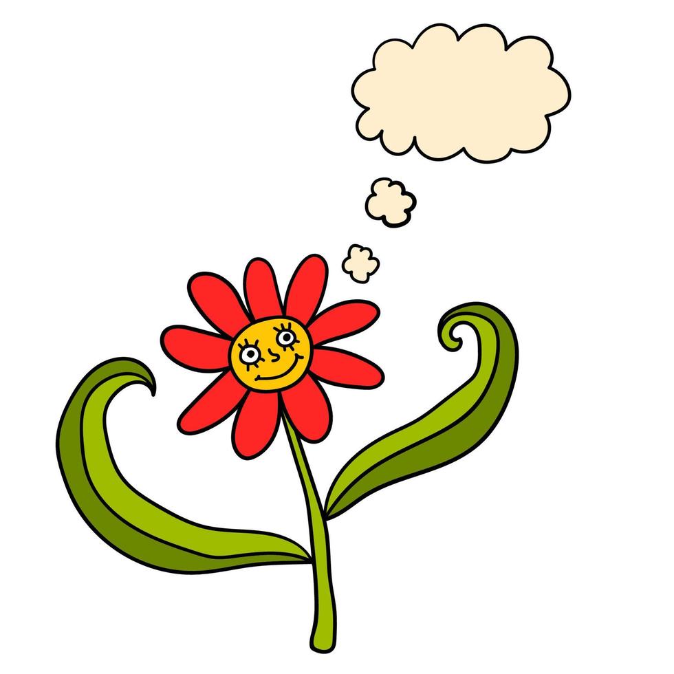 personaggio dei fiori dei cartoni animati felice fantasia colorata con fumetto pensiero isolato su sfondo bianco. vettore