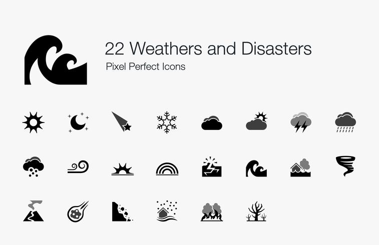 22 Weathers and Disasters Pixel Perfect Icons. vettore