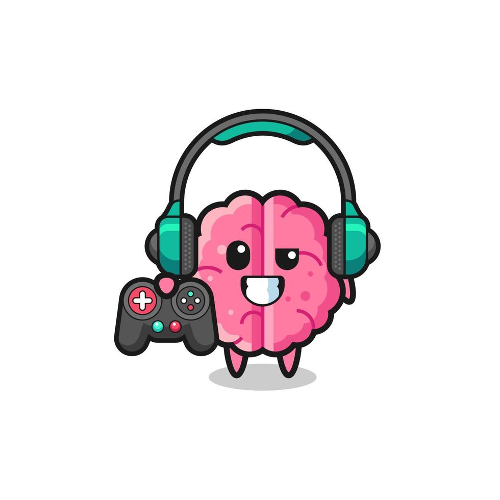 mascotte del giocatore del cervello che tiene un controller di gioco vettore