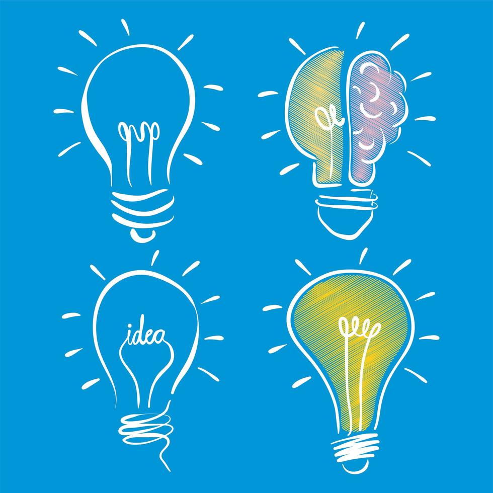quattro lampadine doodle icone vettore