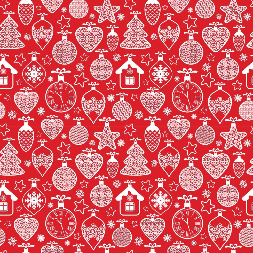 bellissimo design natalizio senza cuciture con giocattoli di Natale, palline, fiocchi di neve e stelle su sfondo rosso. motivo grafico geometrico della superficie. vettore
