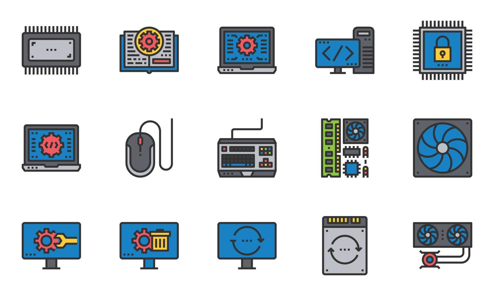 colore della linea delle icone dell'hardware del computer, sistema di raffreddamento, software, laptop vettore