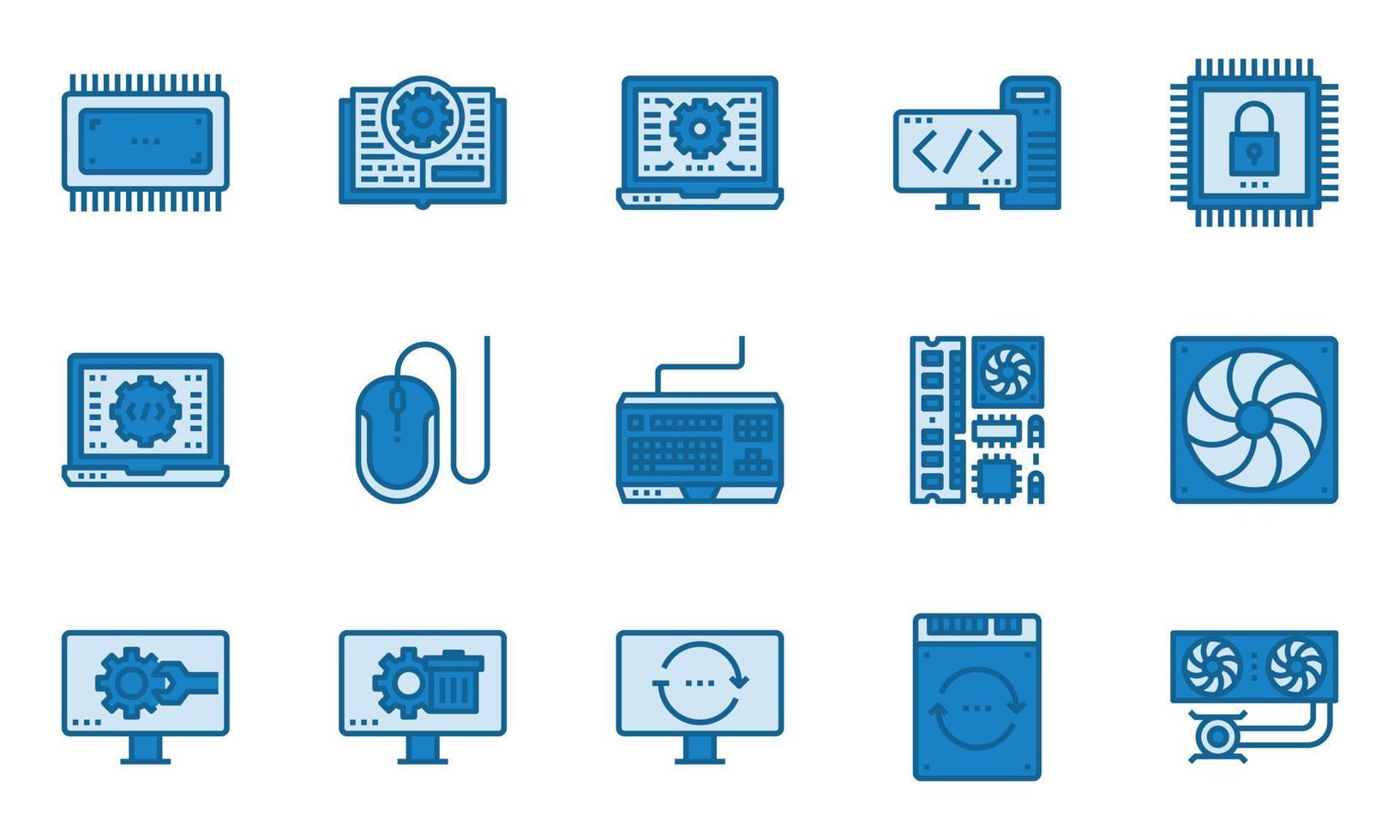 icone hardware del computer colore blu, sistema di raffreddamento, software, laptop vettore