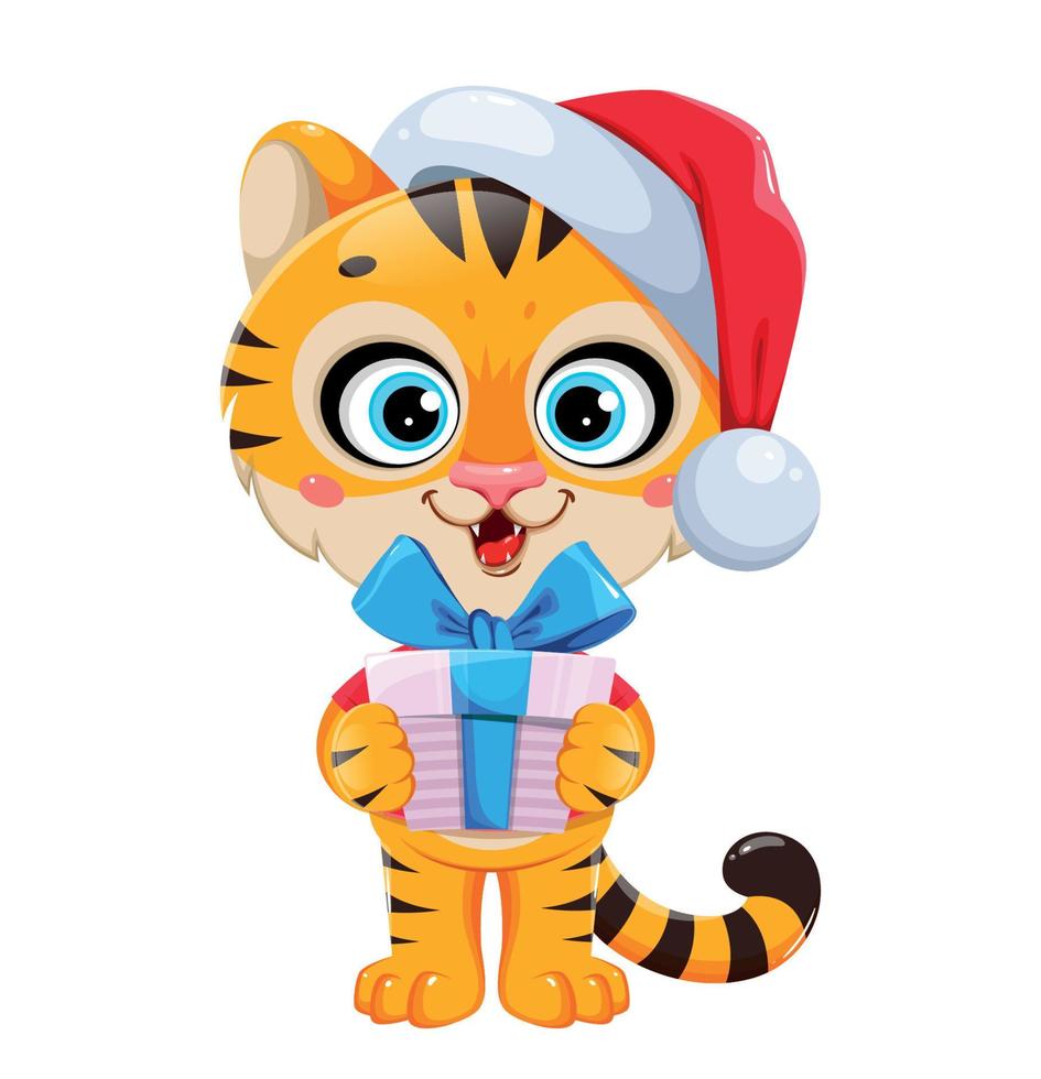 tigre personaggio dei cartoni animati in cappello di babbo natale con confezione regalo vettore