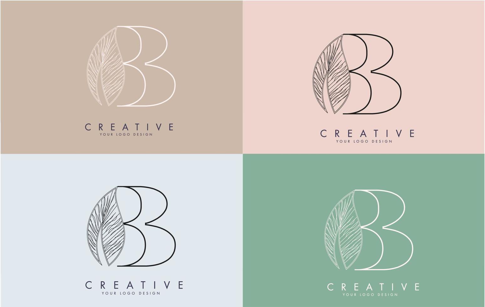 icona del logo della lettera b di contorno con design del concetto di foglia cablata su sfondi colorati. vettore